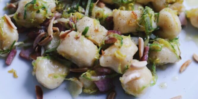 Ricotta gnocchi with brussels sprouts, garlic, bacon & Almonds